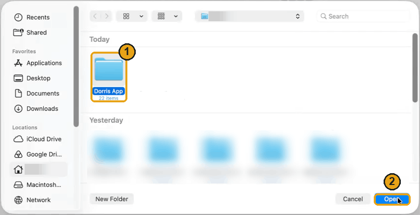 The Mac's folder picker at the home folder: the Dorris App folder, under Today, is selected and marked 1, and the Open button is marked 2.