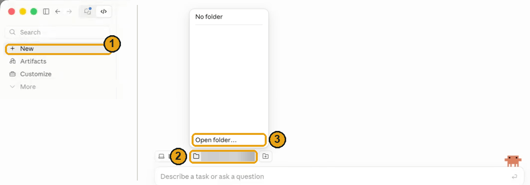The Claude desktop app's Code tab on a new session. New, at the top of the sidebar, is marked 1. Under the message box, the folder button is marked 2; its menu is open above it, and Open folder… at the bottom of that menu is marked 3.