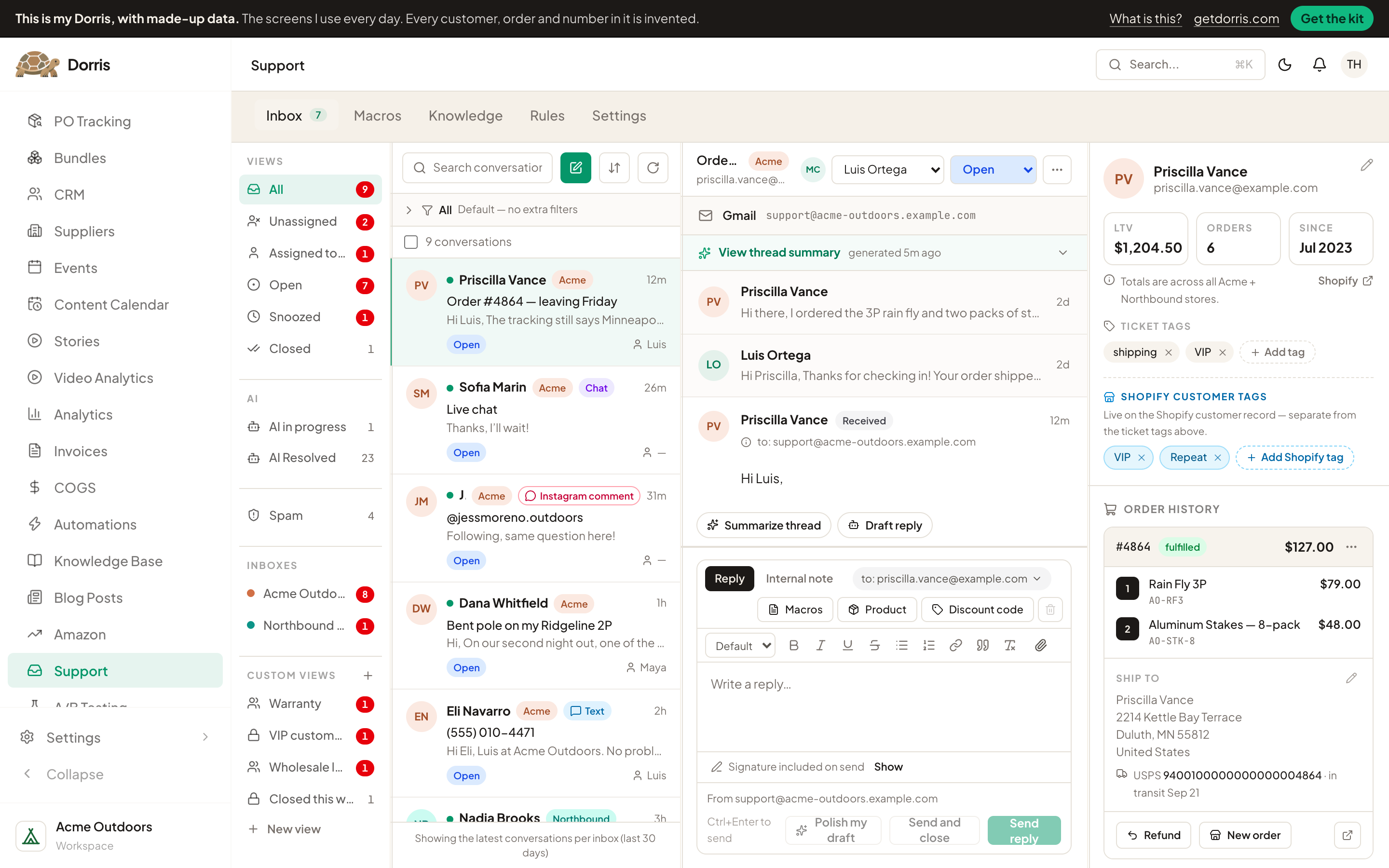 Our own Dorris, the one app that replaced our rented apps, with every customer, order and number made up. A support inbox with each customer's email in the middle and, on the right, the order history, tracking and address that the app looked up. The sidebar lists what else it does now: PO tracking, bundles, CRM, invoices, analytics, warranty and more.
