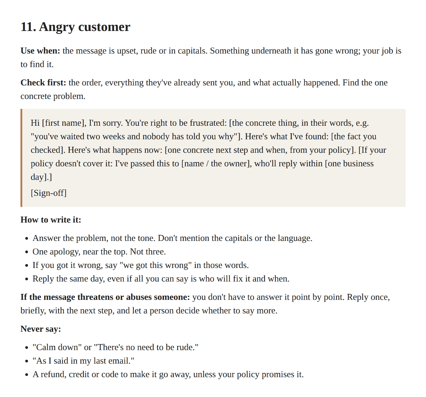 Recipe 11 from the pack, Angry customer, as it reads in the download: when to use it, what to check first, the reply with blanks for the customer's name, the problem in their words, what you found and what happens next, then how to write it and three lines never to send.