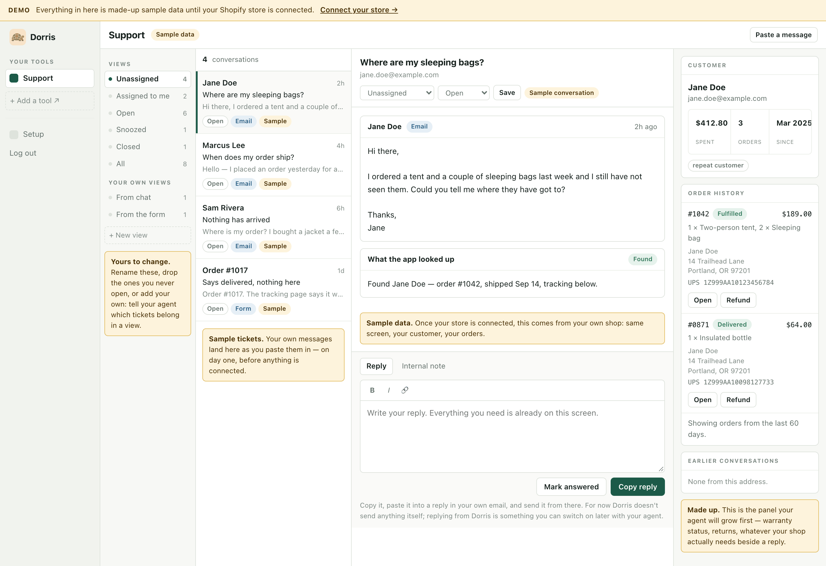 The support inbox the kit gives you, on its sample data: the list of tickets, one customer's message with what the app looked up and the box for your reply beneath it, and that customer's orders, with tracking, alongside.
